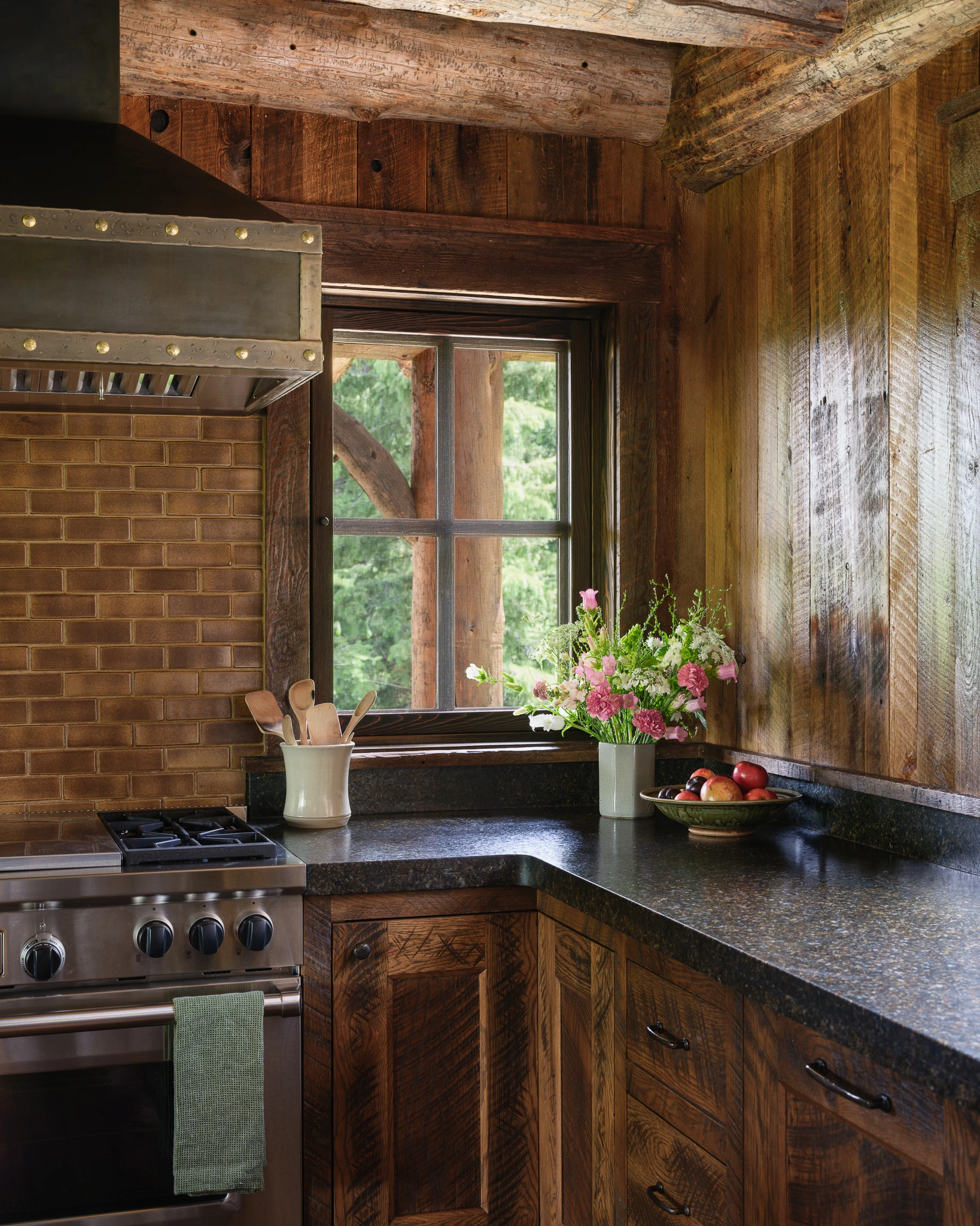 Rustic kitchen with reclaimed barnwood — interior design photography Big Sky Montana, Club Ridge